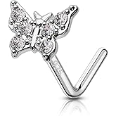 COCHARM 14K Gold Plated 925 Sterling Silver Nose Stud 20g Gold Butterfly Nose Ring Stud 7mm Long Flat Nostril Stud Gold L Bend Nostril Piercing Jewelry for Women