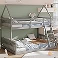 Giantex Wood Twin Over Full Bunk Bed, Solid Wood House Bed Frame Built in Ladder & Safety Guardrails, Convertible to 2 Beds, Floor Bunk Bed for Kids Teens Juniors, No Box Spring Needed, Grey