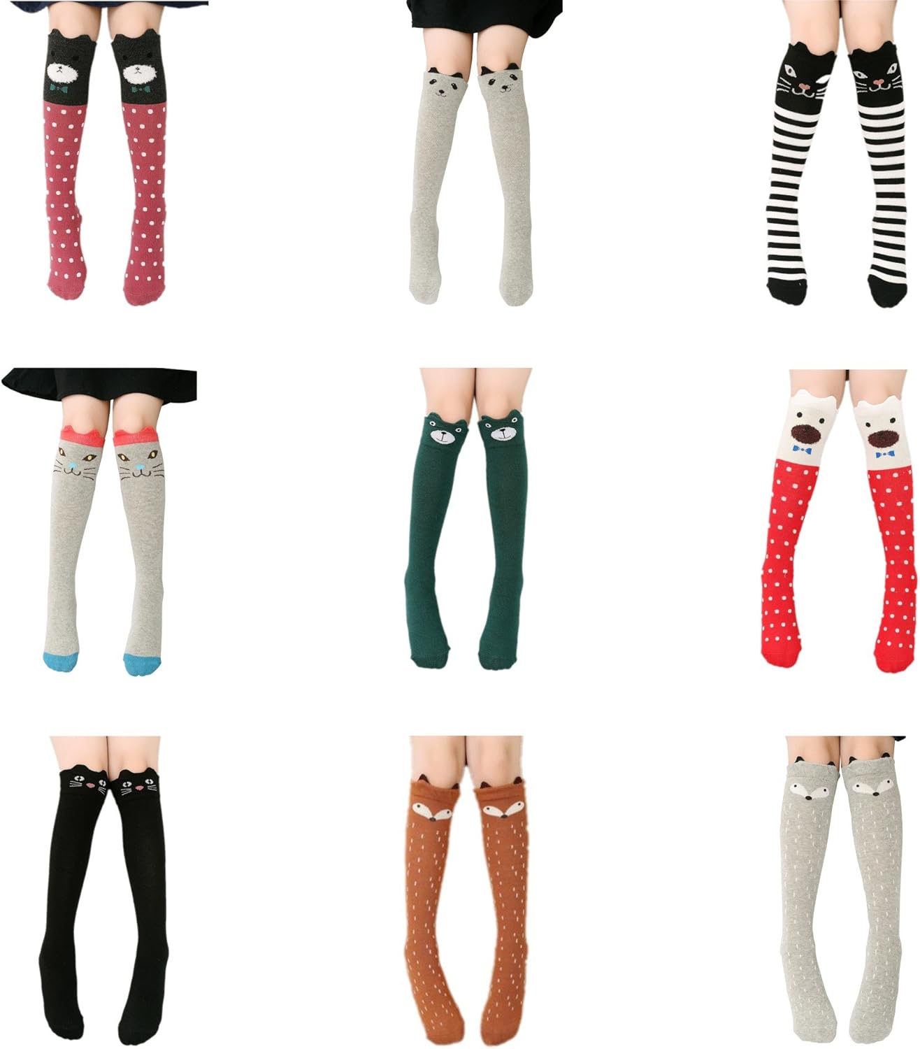 Girl Cartoon Animal Cat Bear Fox Cotton Over Calf Knee High Socks, 15.74-16.53 inch/40-42 cm, Mixed colors: Clothing