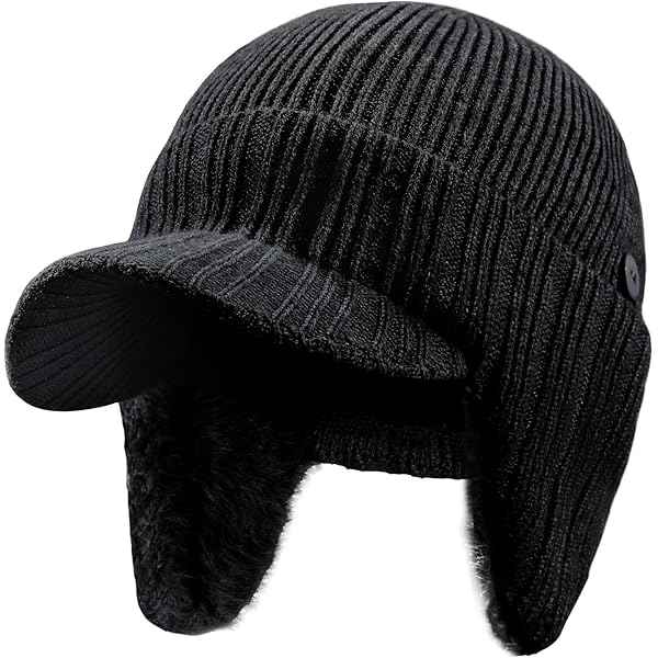 Black Winter Knit Sherpa Beanie Hat w/Earflaps & Fleece Lining