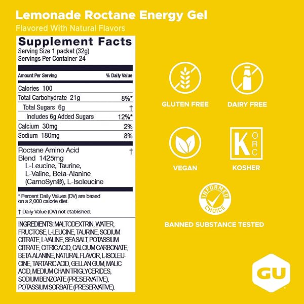 GU ENERGY ROCTANE ULTRA ENDURANCE ENERGY GEL, VEGAN, GLUTEN-FREE, KOSHER, AND DAIRY-FREE ON-THE-GO SPORTS NUTRITION FOR RUNNING, BIKING, HIKING OR SKIING, 24-COUNT, LEMONADE