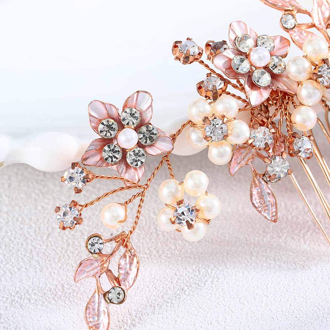 Fstrend Bridal Wedding Hair Comb Gold Rhinestone Flower Bride Hair Side Combs Clips Pearl Leaf Hair Accessories for Women and Girls (rose gold) : Beauty