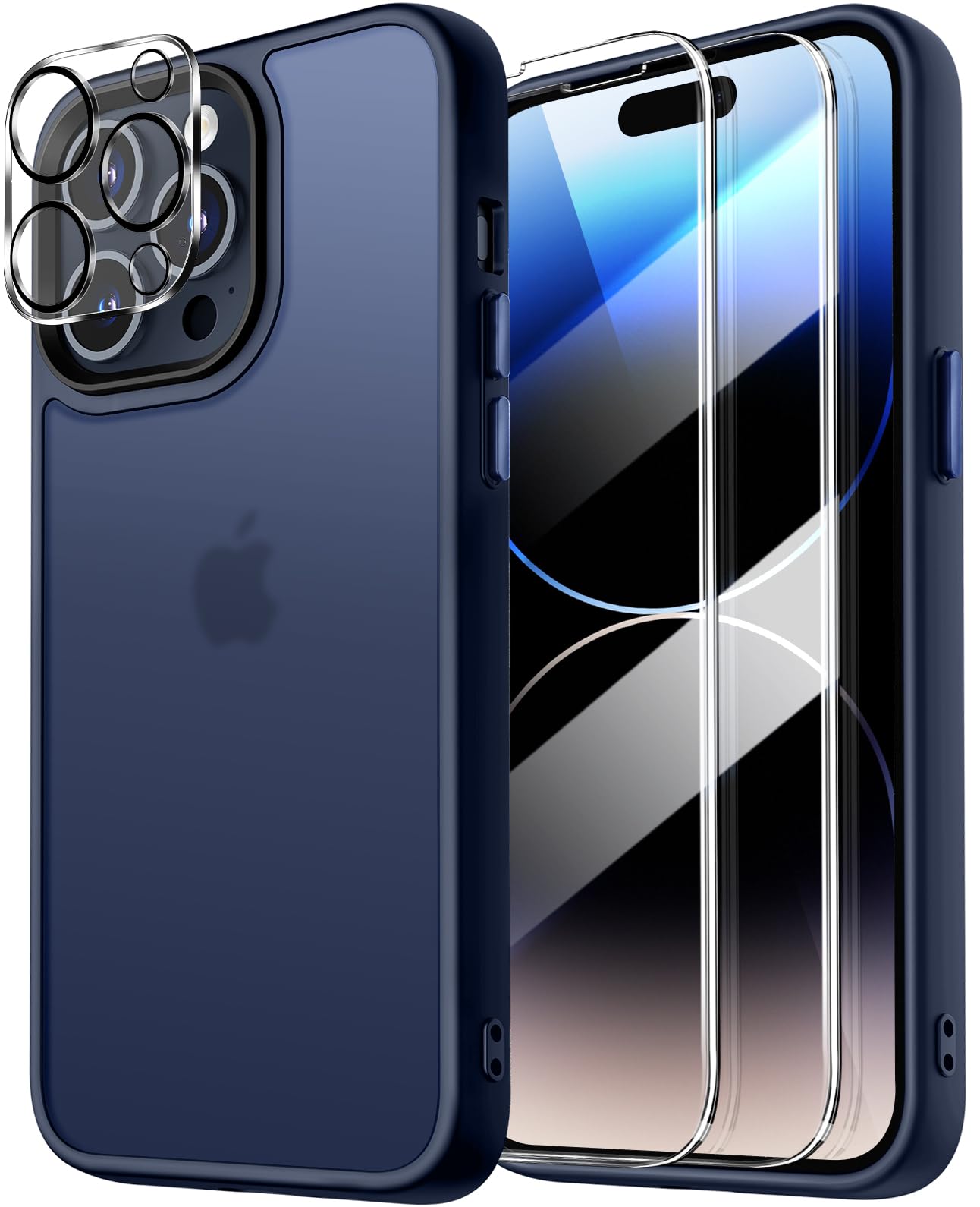 Photo 1 of Dssairo 5 in 1 for iPhone 14 Pro Max Case, with 2X Screen Protectors + 2X Camera Lens Protectors, [15FT Military Grade Protection] Anti-Fingerprints Anti-Scratch Translucent Matte Back (Blue)
