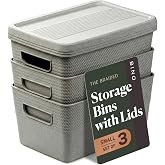 BINO | Plastic Storage Bins with Lids, 5 Liter - 3 Pack, Natural Grey | THE BRAIDED COLLECTION | Plastic Bins for Organization Woven Storage Baskets for Organizing Pantry Shelf Organizer Basket Bin