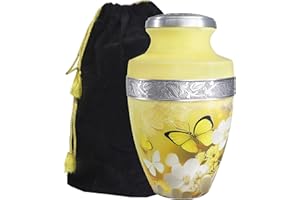 M MEILINXU Urn for Ashes for Woman & Man, Cremation Urns for Human Ashes Adult Female or Male, Burial Urn with Butterflies, Decorative Urns for Funeral, Yellow Butterfly and Flowers - Large