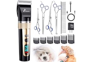 Gimars Cordless 4 Speed 7000rpm Dog Clippers with 6 in 1 4CR Stainless Steel Dog Grooming Scissors Kits, Low Noise 55db Rechargeable Pet Hair Thick Coat Trimmer Cat Shaver Clippers Kit for Cat Pet