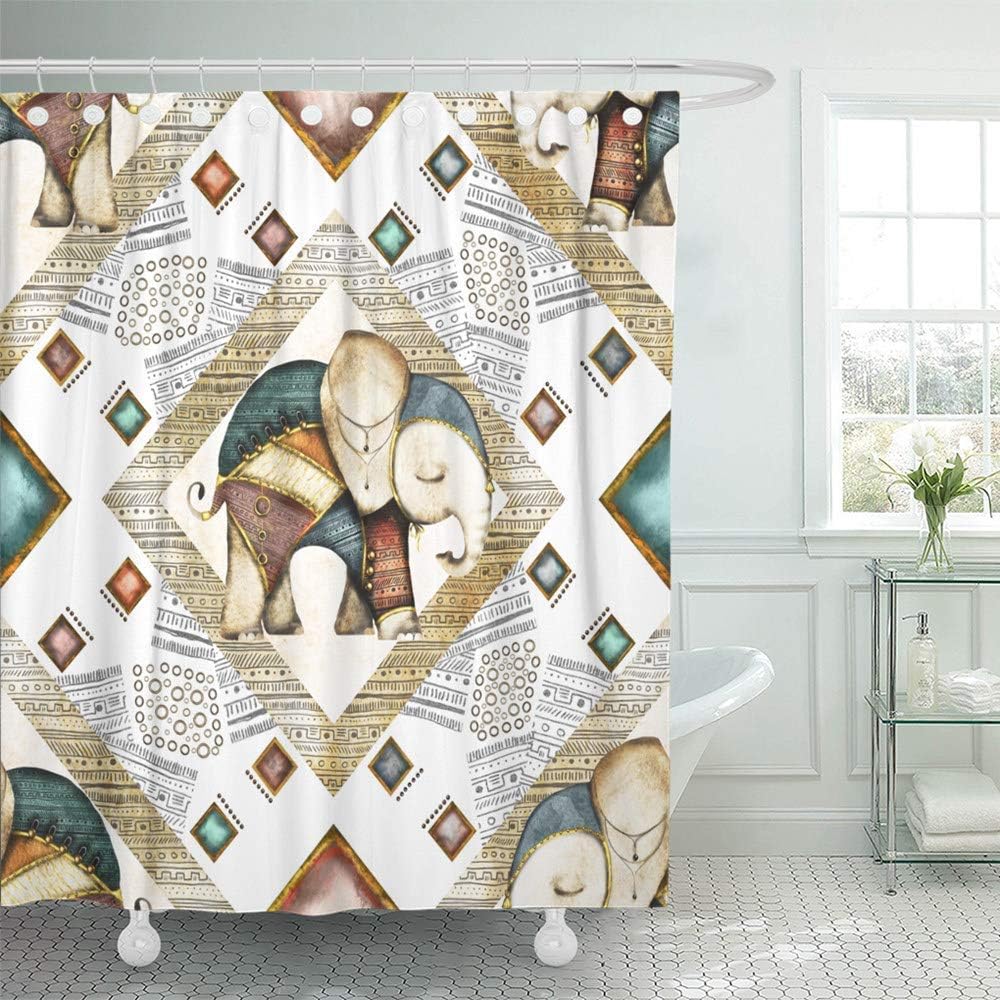 Shower Curtain Set Waterproof Adjustable Polyester Fabric Watercolor Indian Elephant Geometrical Animal Ethnic Tribal Vintage 48 x 72 Inches Set with Hooks for Bathroom