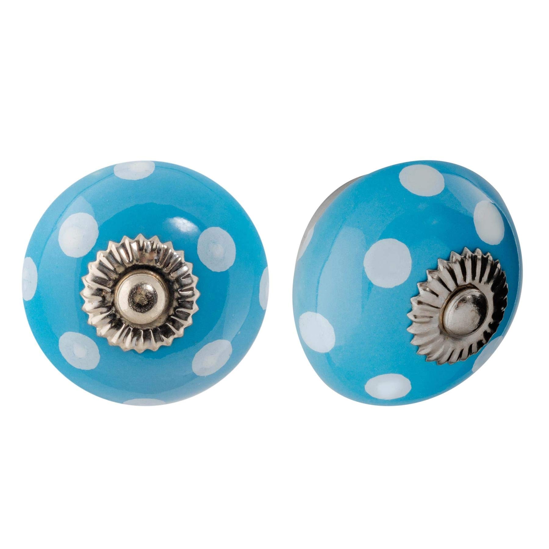 Nicola Spring Ceramic Cupboard Drawer Handle Knobs - Polka Dot Design - Light Blue/White - Pack of 6