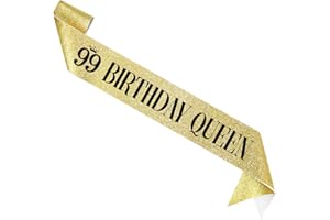 FXPATYY 99 Birthday Queen 99th Birthday Sash for Women, Gold Glitter Sash with Black Foil