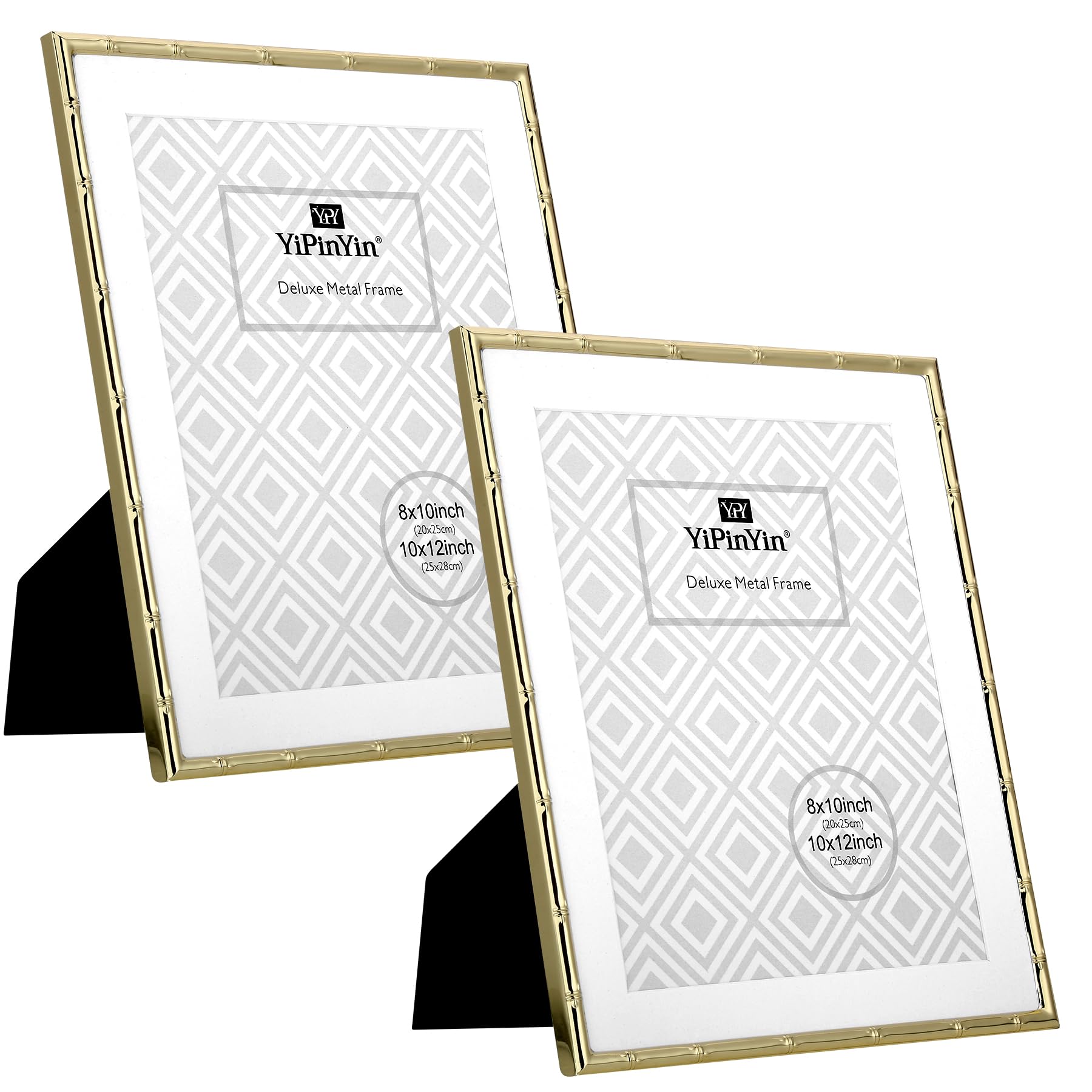 YiPinYin 2-Pack 10x12 Gold Bamboo Metal Picture Frames | Acid-Free Mat for 8x10 Photos | Narrow Plated Edge | Velvet Backing | Wall & Tabletop Display | Elegant Home/Office Decor Image