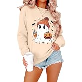 Halloween Sweatshirt Women Cute Ghost Sweater Fall Spooky Season Sweaters | Halloween Ghost Sweatshirts Spooky Season Sweater Coffee Lover Graphic Tees Pumpkin Long Sleeve Shirt Fall Crewneck Tops