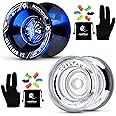 MAGICYOYO Pack of 2 Yoyos T5 Black Blue Unresponsive Yoyo Alloy YoYo＋K2 Crystal White Responsive Plastic Fingerspin Kids Beginner Yoyo with ２Yoyo Gloves, Yoyo Bags, 12 Yoyo Strings