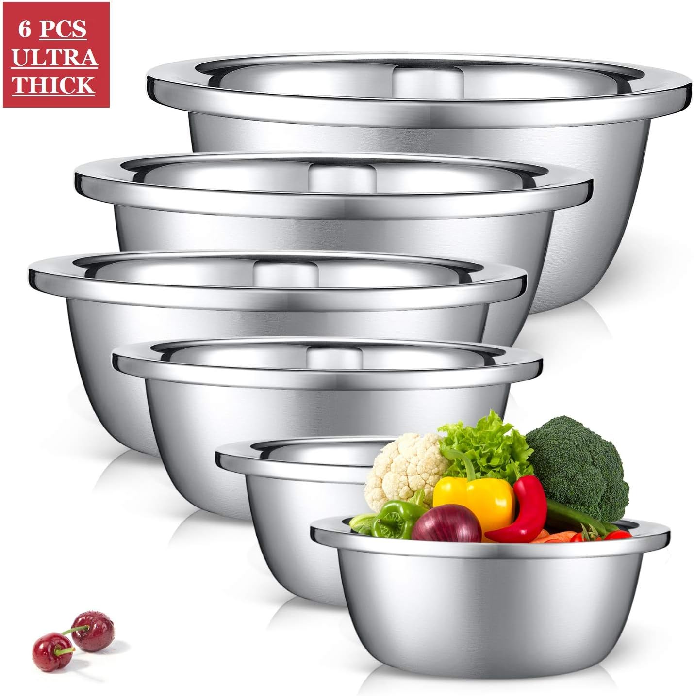 JPFS Stainless Steels Mixing Bowls Set of 6 Mirror Polished Mixing Blows Set Included ¾, 2, 3.5, 5, 6, 8 Quart, Nesting Basins Versatile For Cooking, Baking, Prepping &Serving