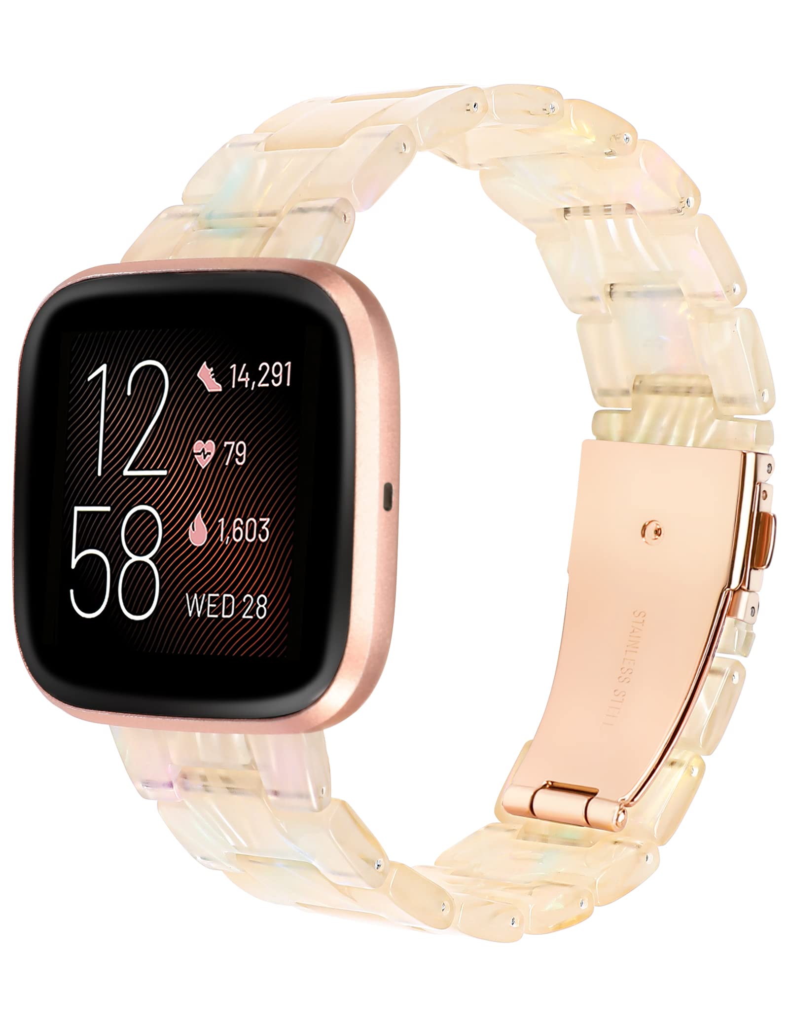 TOYOUTHS Resin Strap Compatible with Fitbit Versa/Versa 2/Versa Lite/Versa SE, Lightweight Bracelet Replacement Strap with Stainless Steel Quick Release Clasp Women Men, Fluorescent White