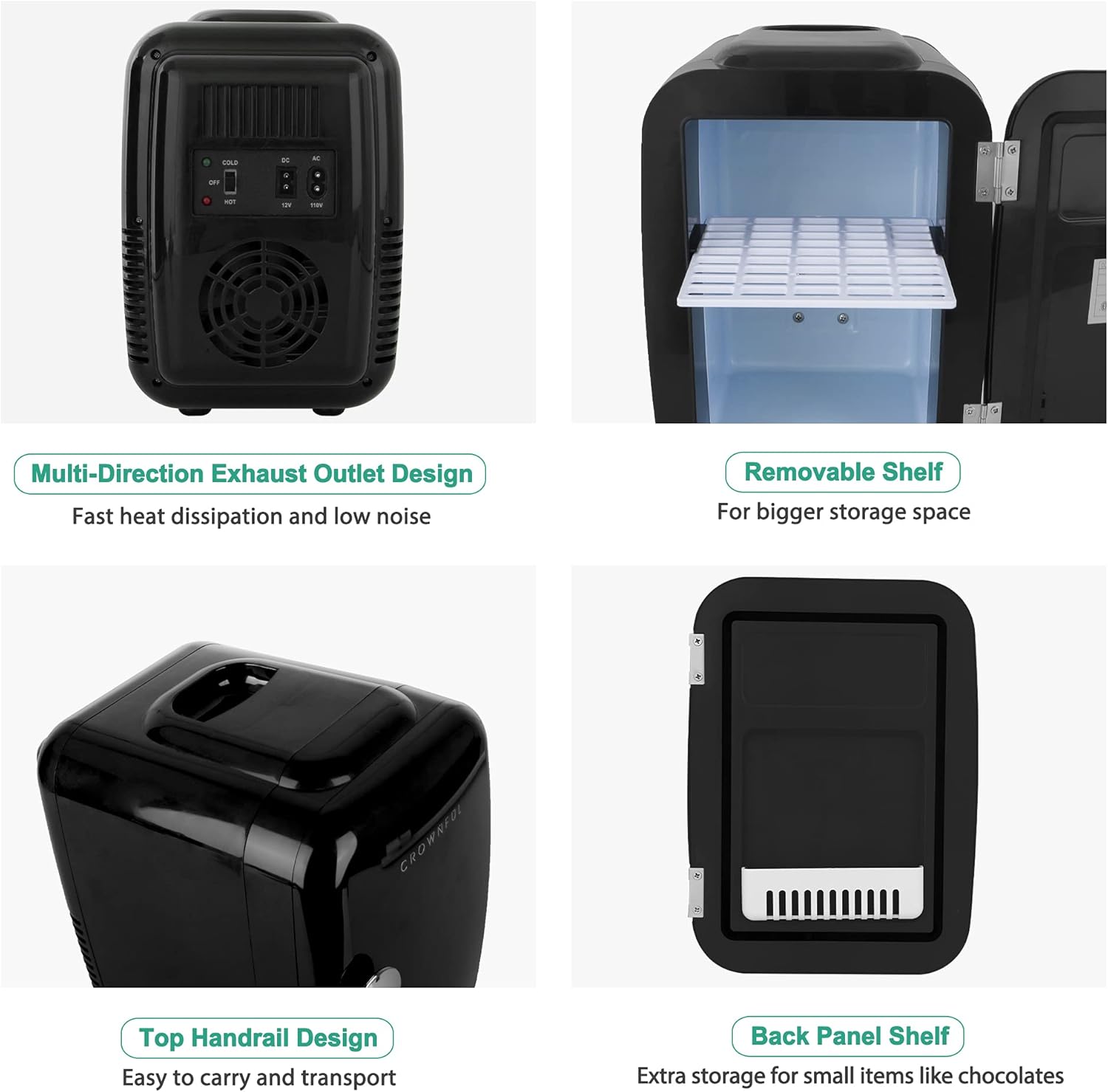 CROWNFUL Mini Fridge, 4 Liter/6 Can Portable Cooler and Warmer Personal Refrigerator for Skin Care, Cosmetics, Beverage, Food,Great for Bedroom, Office, Car, Dorm, ETL Listed (Black): Automotive