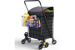 Our Modern Space Stairs Climbing Shopping Cart w/Waterproof Basket Liner & 360° Swivel Wheels | Foldable Collapsible & Lightweight | Perfect for Groceries Laundry Utility Cart - Black
