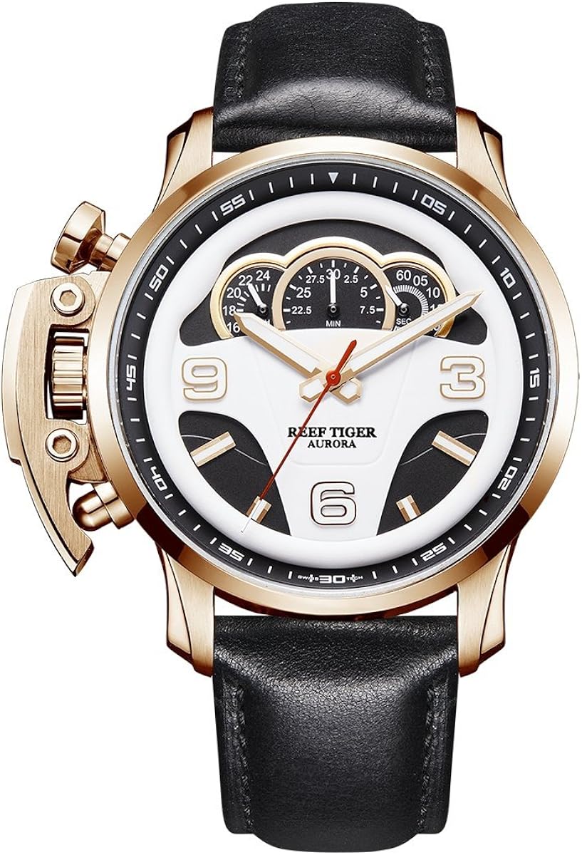 Reef Tiger RGA2105 Men Multifunction Sport Racing Dashboard Fashion Waterproof Quartz Wrist Watch with Leather Watchband