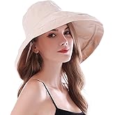 iHomey Women Wide Brim Sun Hats with Strap Foldable UPF 50+ Sun Protective Cotton Bucket Hat Anti UV Beach Holiday Hat
