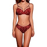 TINGYANRAN Women Sexy Underwire Floral Cute Lace Sheer Push Up See Through Bra and Panty Sets 2 Pieces Lingerie Set