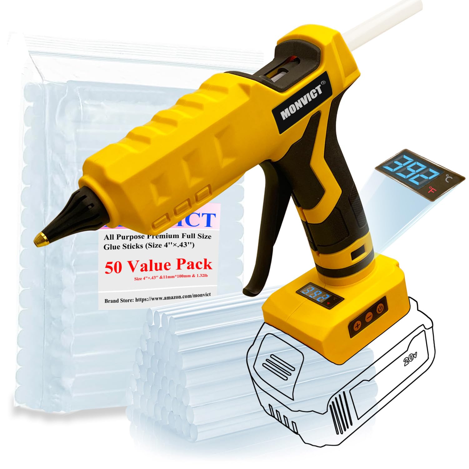 Photo 1 of MONVICT Cordless Glue Gun for Dewalt 20V Battery with 50 Glue Sticks, Upgraded 100W Digital Temperature Adjustable Handheld Electric Power Full Size Heavy Duty Hot Glue Gun (Tool only)