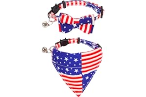 ADOGGYGO American Flag Cat Collar Bandana, Breakaway Cat Kitten Collars with Removable Bowtie Bandana Patriotic Collars for Kittens (4th of July)