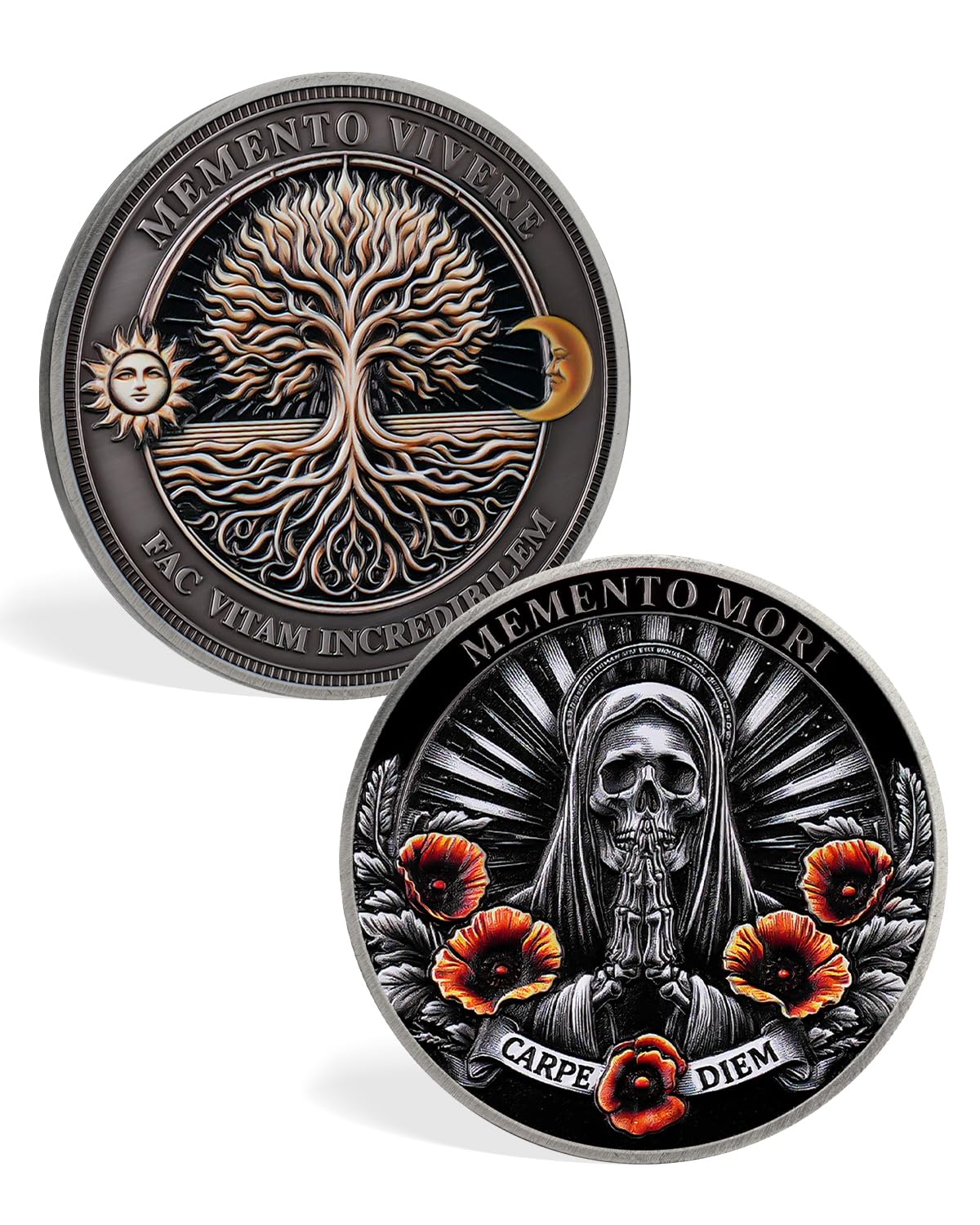 ACGZQY Memento Mori Coin – Skull Tree of Life Memento Vivere Coin - Poppy Flower Stoic EDC Challenge Coin for Daily Practice - Inspirational Motivational Reminder Token Stoicism Gifts
