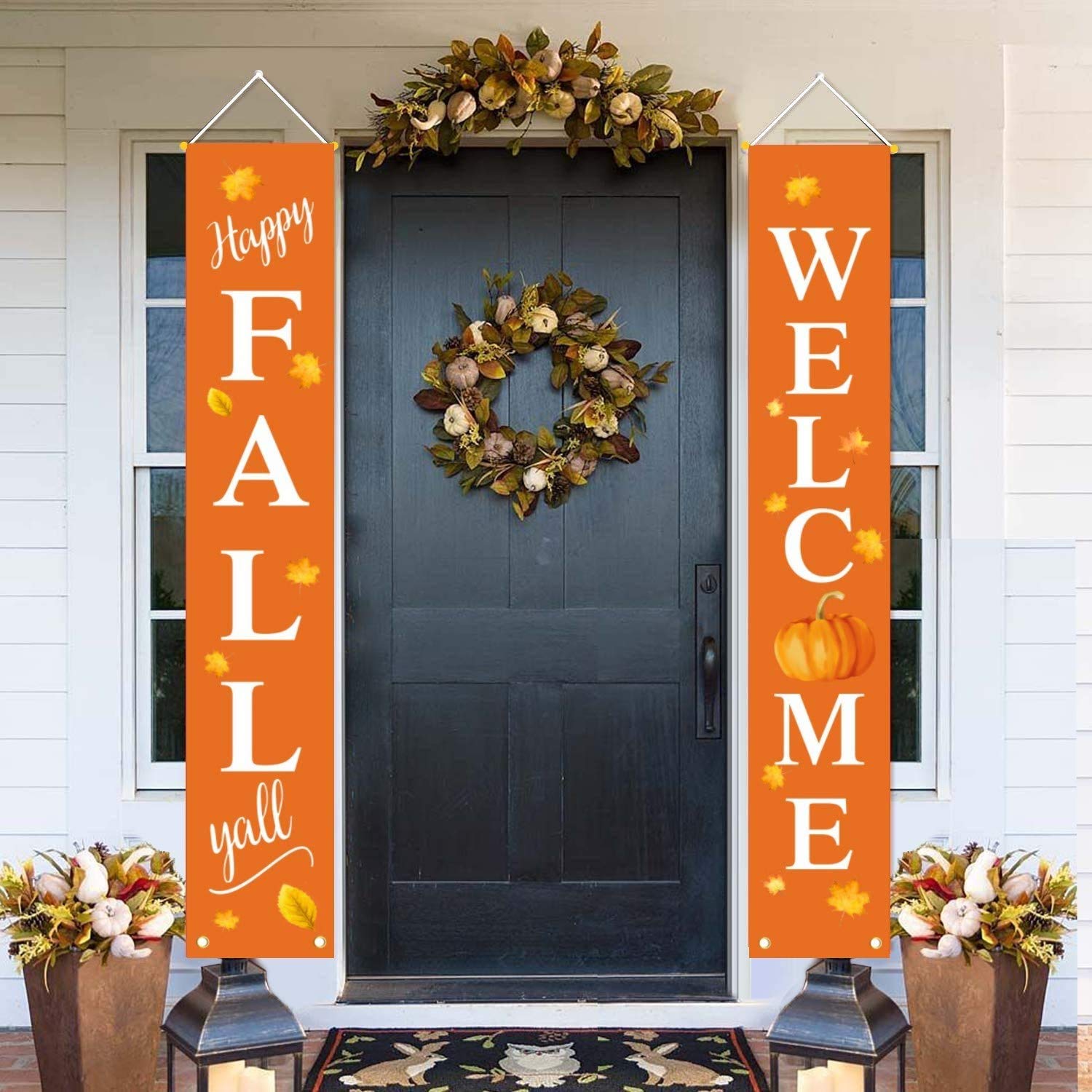 QIAMNI Happy Fall Decorations Banner Outdoor - Welcome Happy Fall Yall Large Hanging Flags Signs Porch Banners - Decor Banners for Party Yard Wall Outdoor Indoor