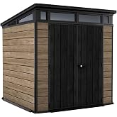 Keter Signature Collection 7x7 Ft All-Weather Storage Shed with Skylight, Window, Built-in Ventilation, &amp; Lockable Double Doors, Ashwood