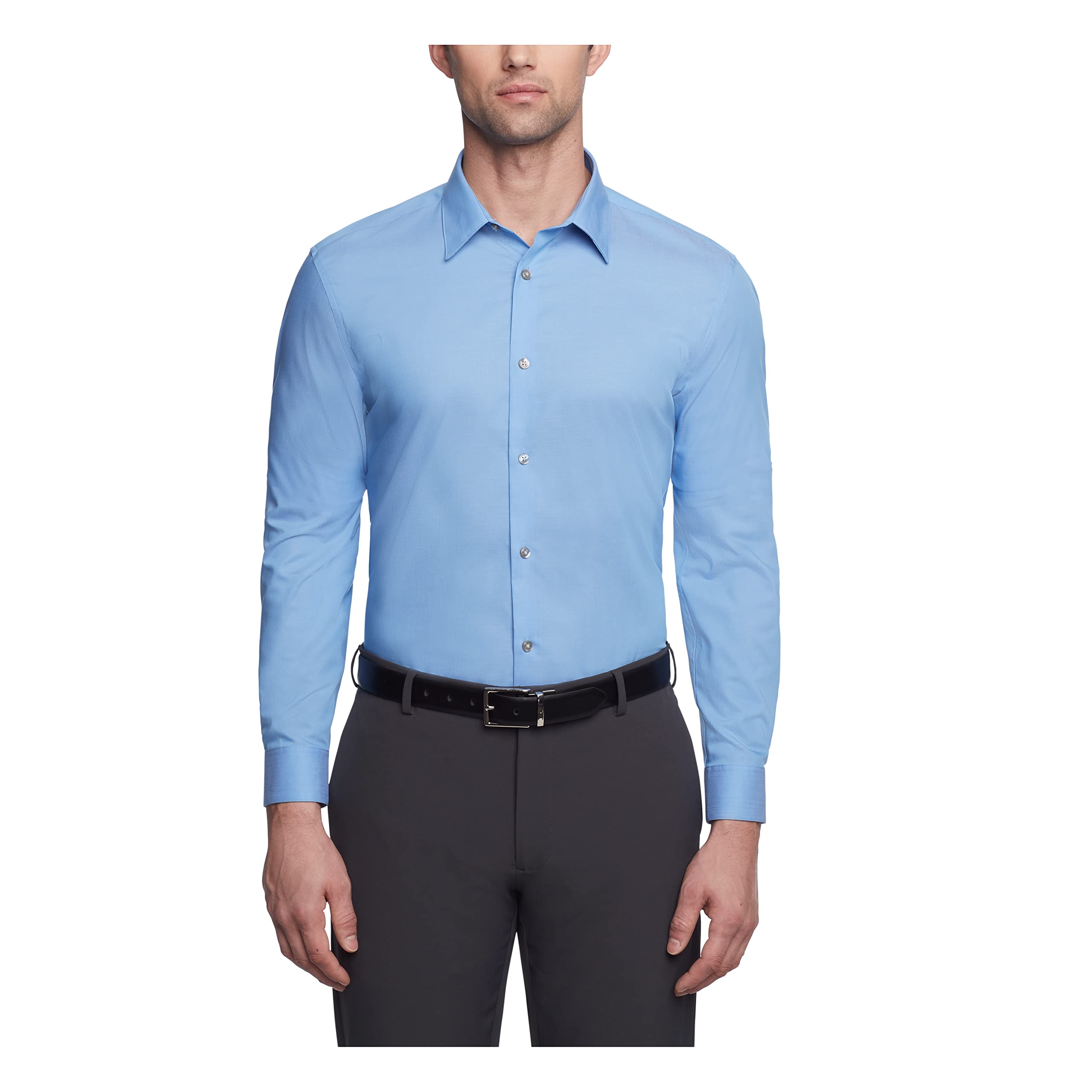 Calvin Klein Men’s Slim Fit Non-Iron Herringbone Point Collar Dress Shirt, Mist, 17.5″ Neck 34-35″ Sleeve