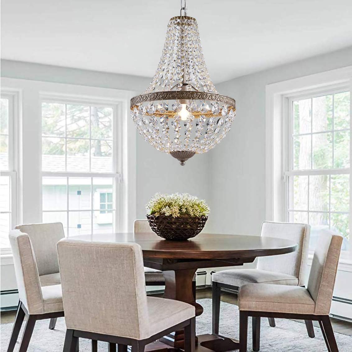 Bestier French Empire Antique Silver Finish Farmhouse Crystal Pendant Chandelier Lighting LED Ceiling Light Fixture Lamp Dining Room Bathroom Bedroom Livingroom 1 E26 Bulbs Required H18 inch X D12 inc - - 