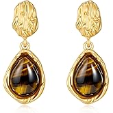 YUJIE Textured Tiger-Eye Drop Earrings for Women Gold Plated Dangle Small Chunky Brown Vintage Jewelry