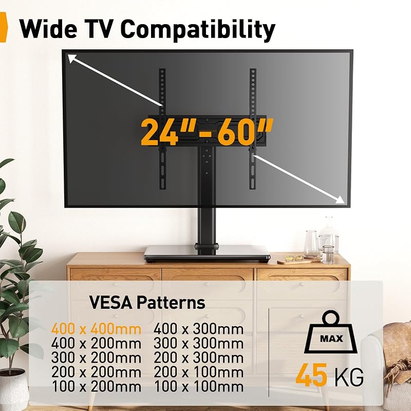 Supporto TV da Tavolo Girevole per TV da 24-60 Pollici Fino a 45 kg, Universale Supporto TV da Tavolo Regolabile in Altezza, Piedistallo TV con Base in Vetro Temperato Max VESA 400x400mm — foto 3 di 8