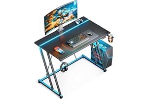 MOTPK 32 Inch Small Gaming Desk with LED Light, Computer Desk for Small Space, Gaming Table with Carbon Fiber Texture, Kids PC Desk Gift for Boys Men, Black