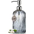 JASAI 18 Oz Vertical Stripes Kitchen Soap Dispenser with 304 Rust Proof Stainless Steel Pump, Refillable Liquid Soap Dispenser for Bathroom, Kitchen, Hand Soap, Dish Soap (Clear Grey)