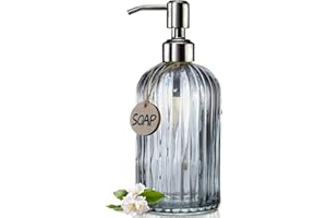 JASAI 18 Oz Vertical Stripes Kitchen Soap Dispenser with 304 Rust Proof Stainless Steel Pump, Refillable Liquid Soap Dispenser for Bathroom, Kitchen, Hand Soap, Dish Soap (Clear Grey)