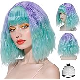 TIKJOYS (Wig Cap + Short Bob Teal Wig 14 Inches Teal Purple Ombre Short Wavy Wigs with Bangs Green Synthetic Hair for Women Shoulder Length Cosplay Wigs with Curls Halloween Party Costume Outfit