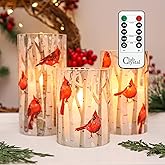 Crystal Club Flameless Candles, Cardinal Theme, (Set of 3) Battery Operated LED Candles with Remote, Real Wax & Glass Effect Candle with Timer for Christmas Home Festival Décor