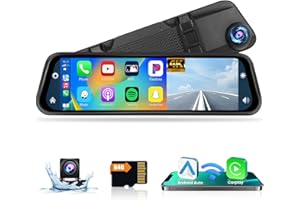 12'' 4K Mirror Dash Cam Wireless Apple Carplay Android Auto, Hikity Front & Rear Mirror Camera with DVR Loop Recording, G-Sensor, Voice Control, WiFi Video, Mirror Link, Split Screen, 64G TF Card