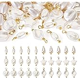 Cheriswelry 48pcs Pearl Pendants Star Flat Round Oval Rhombus Dangle Pearl Charms Real 18K Gold Plated Plastics Pendant 13.5~16mm for DIY Craft Earring Bracelet Necklace Jewelry Making