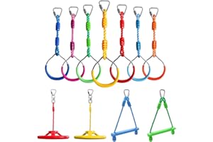 RAINBOW CRAFT Craft Ninja Warrior Obstacle Course Accessories Kids Outdoor Play - 7pc Rings, 2pc Swing Trapeze Wheels & 2pc Monkey Bars