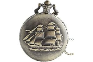 Infinite U Retro Ancient Sailboat/Warships/Pirate Ship Pendant Big Quartz Pocket Watch Long Necklace with Gift Bag for Men/Wo