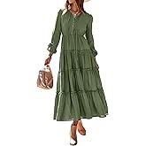 MASCOMODA Fall Long Sleeve Maxi Dresses for Women 2025 Casual Boho Button Ruffle Neck Tiered A Line Flowy Wedding Guest Dress