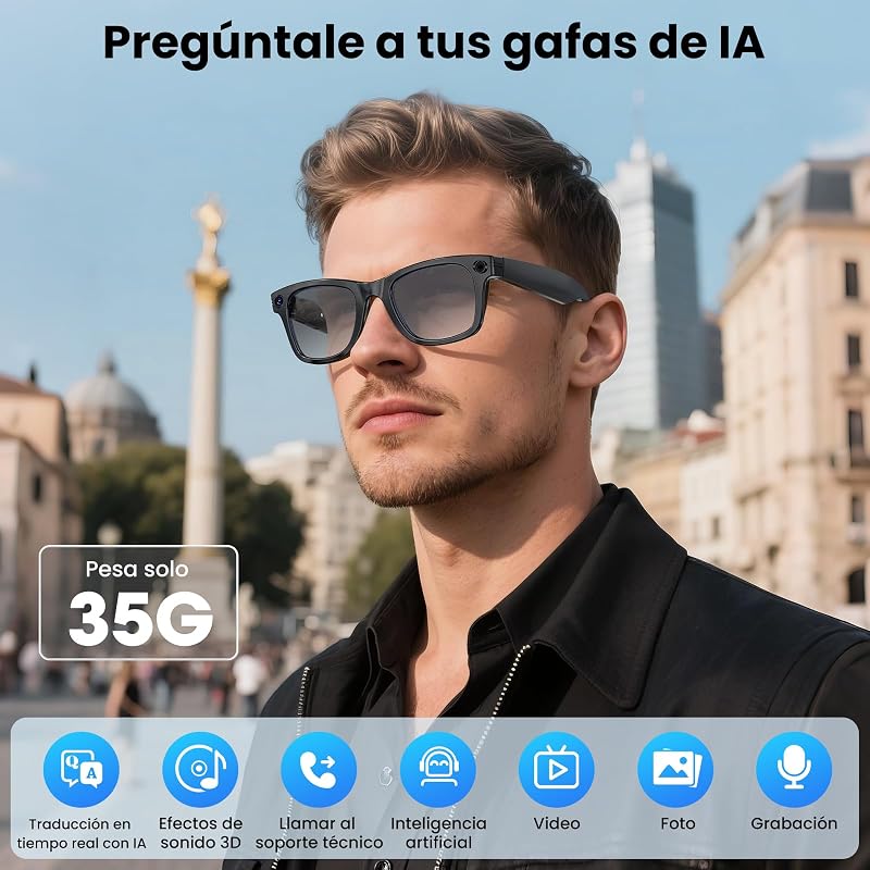 Gafas Inteligentes con Camara 8MP, Gafas con IA Bluetooth/WiFi, Smart Glasses con Fotografía/Grabación/Llamadas/Música/Traducción/Reconocimient Imágenes, Lentes fotocromáticas + lentes azules