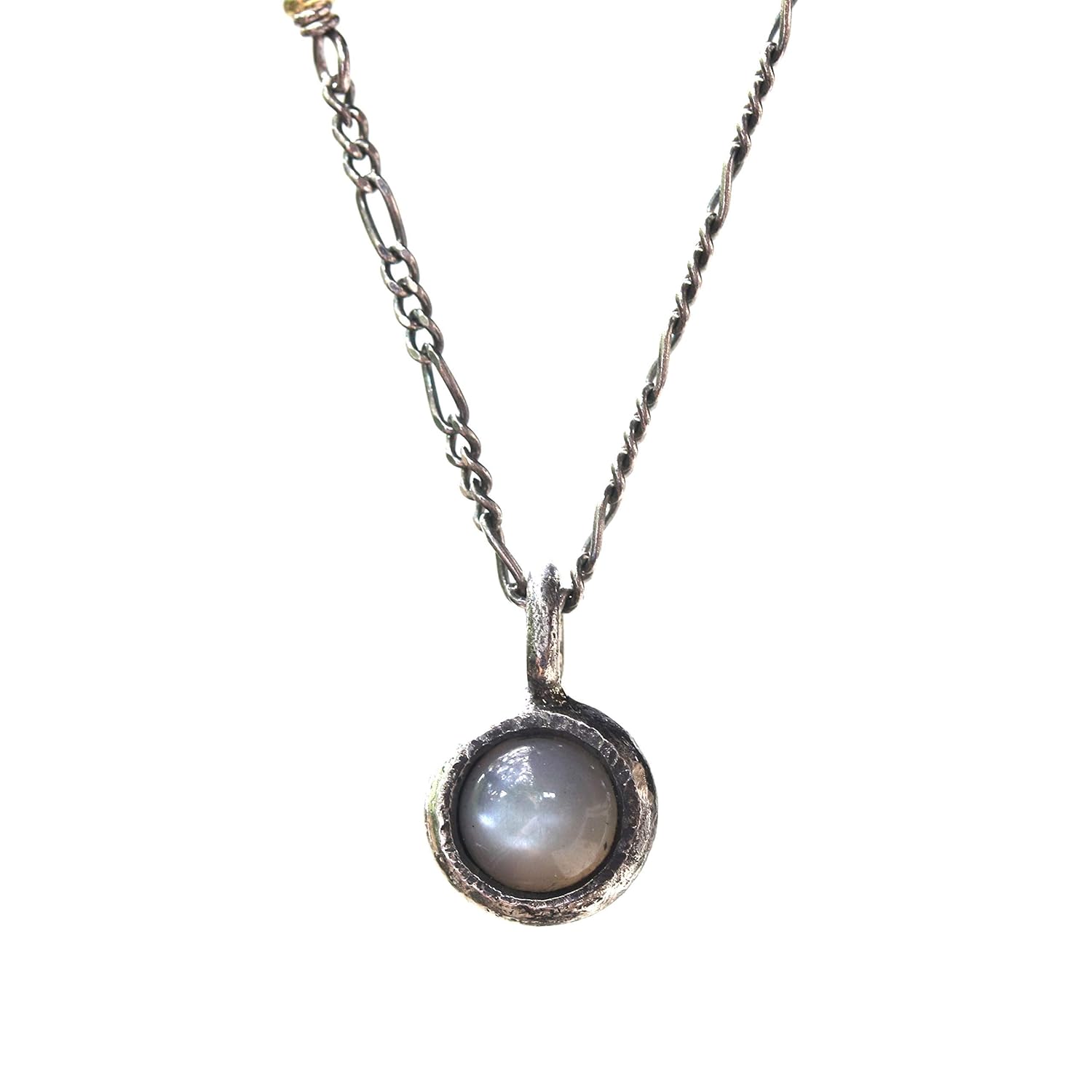 Tiny round gray moonstone pendant necklace with oxidized