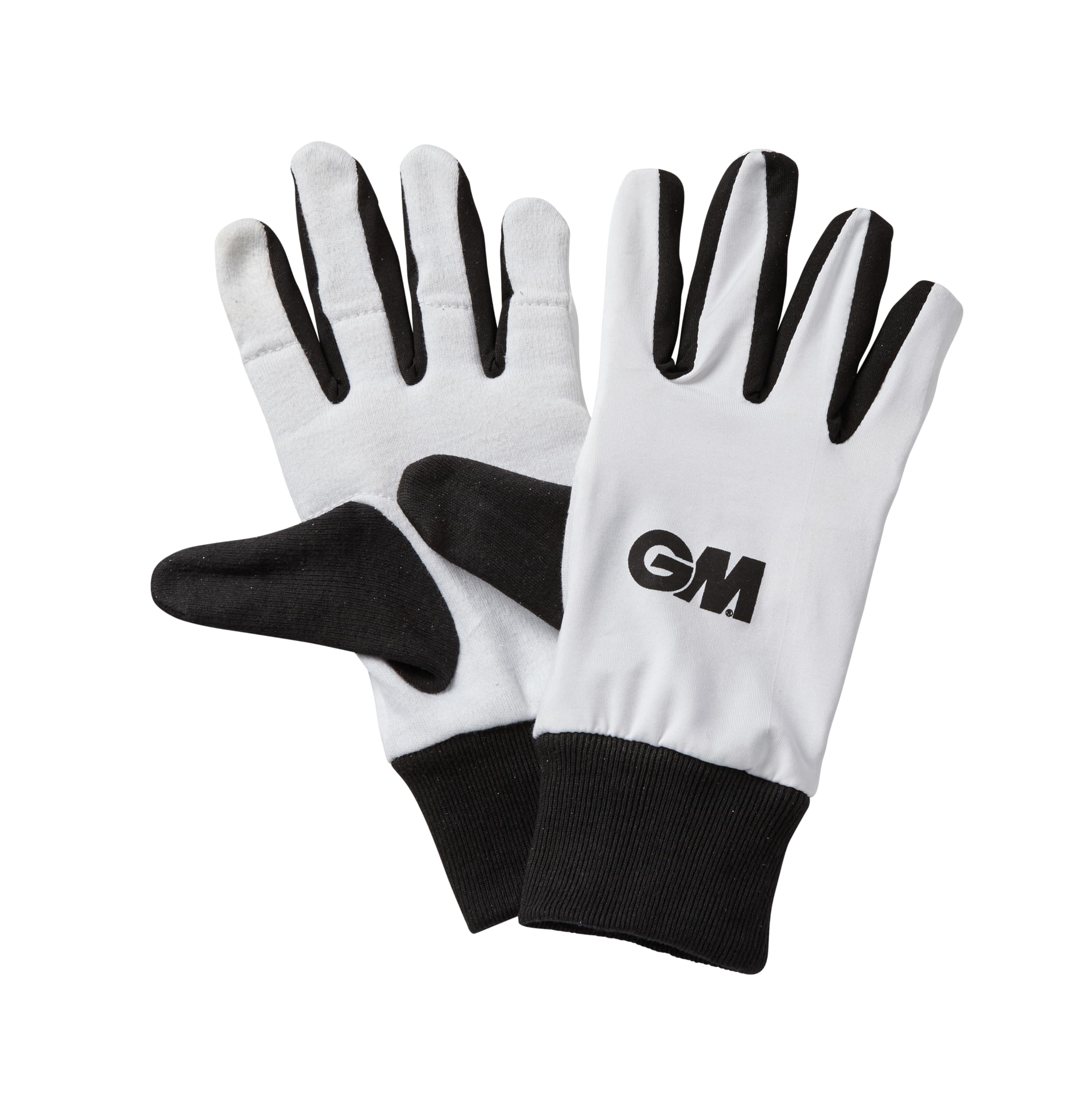 GM | Wicket Keeping Keeper Full Inner Gloves Cricket | Lycra Back with Padded Cotton Inner | Elasticated Wristband | White with Black Thumb, Cuff Trim & GM Logo to Back | Youth | One Pair