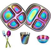6pc Stainless Steel Kids Plates Set with Fork & Spoon, 2 Piece Divided Non-Toxic Stainless Steel baby Plates & Bowls, Pediatrician Designed, Dishwasher Safe Kids Utensils and Glass (Rainbow)