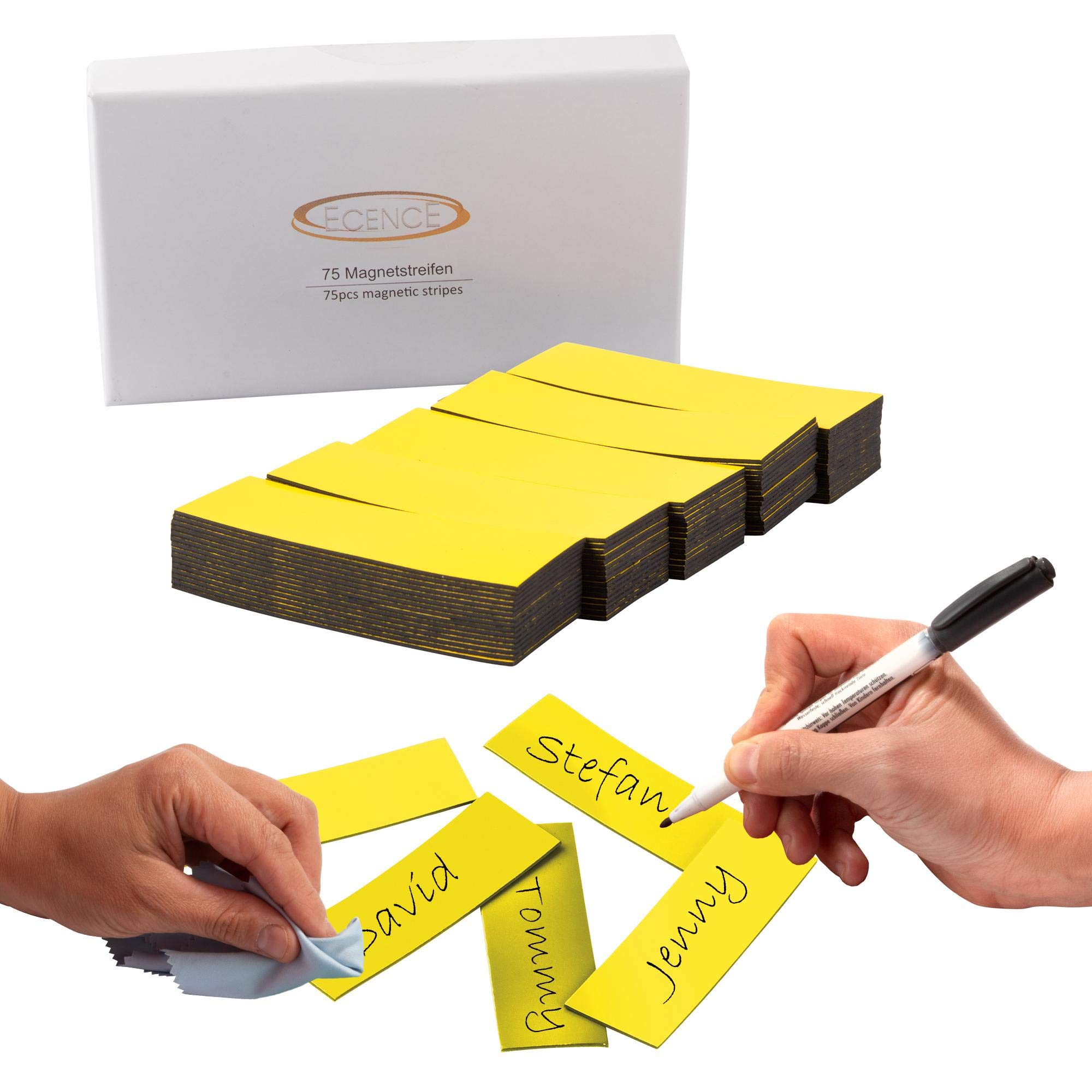 ECENCE Dry Erase Magnetic Labels 75pcs Reusable Magnetic Name Tags 2.36inchx0.79inch Writable Magnetic Sticker Notes for Whiteboard Refrigerator Locker Classroom Yellow — image 1