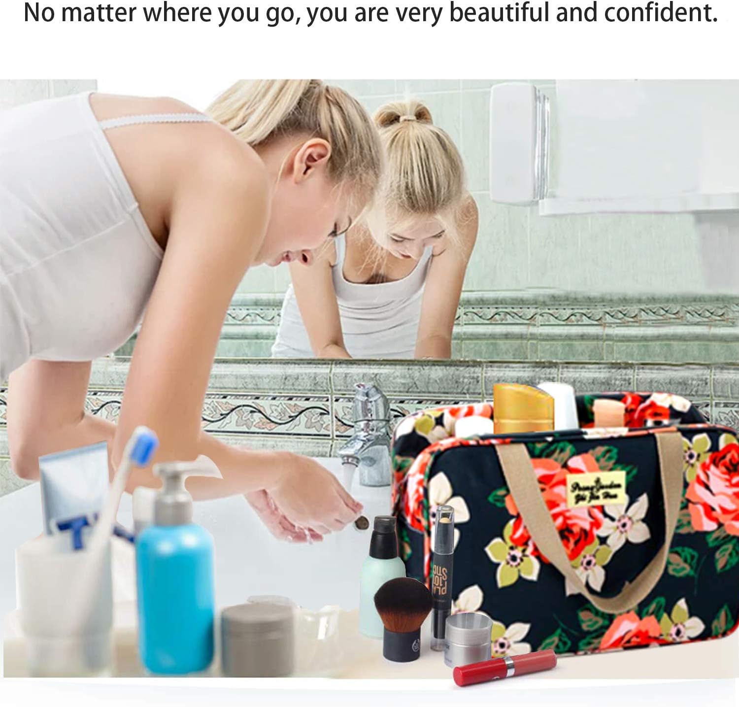 Toiletry Bag for Women Portable Cosmetic Bag Large toiletries Organizer Storage Navy Rose Toiletry Kit Leakproof Travel Make Up for Girls Floral Cosmetic Case (Navy Rose) - Image 3