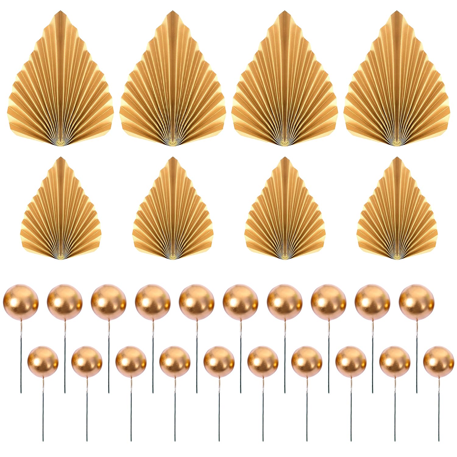 SYEYCW Gold Cake Topper Set - 8 Paper Palm Leaf Fans, 40 Round Ball Toppers for Wedding and Valentine's Day
