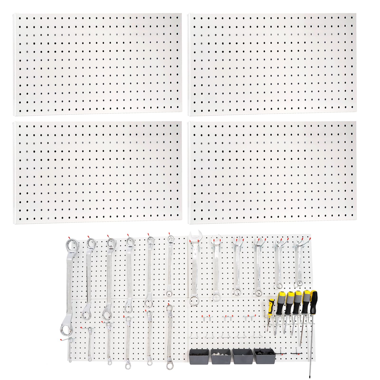 Photo 1 of FRAYSCENT Metal Peg Panels - 4 Pcs 24' x 12' Wall Organizer, Steel Pegboard Tool Board, White Pegboard for Garage Storage & Organization